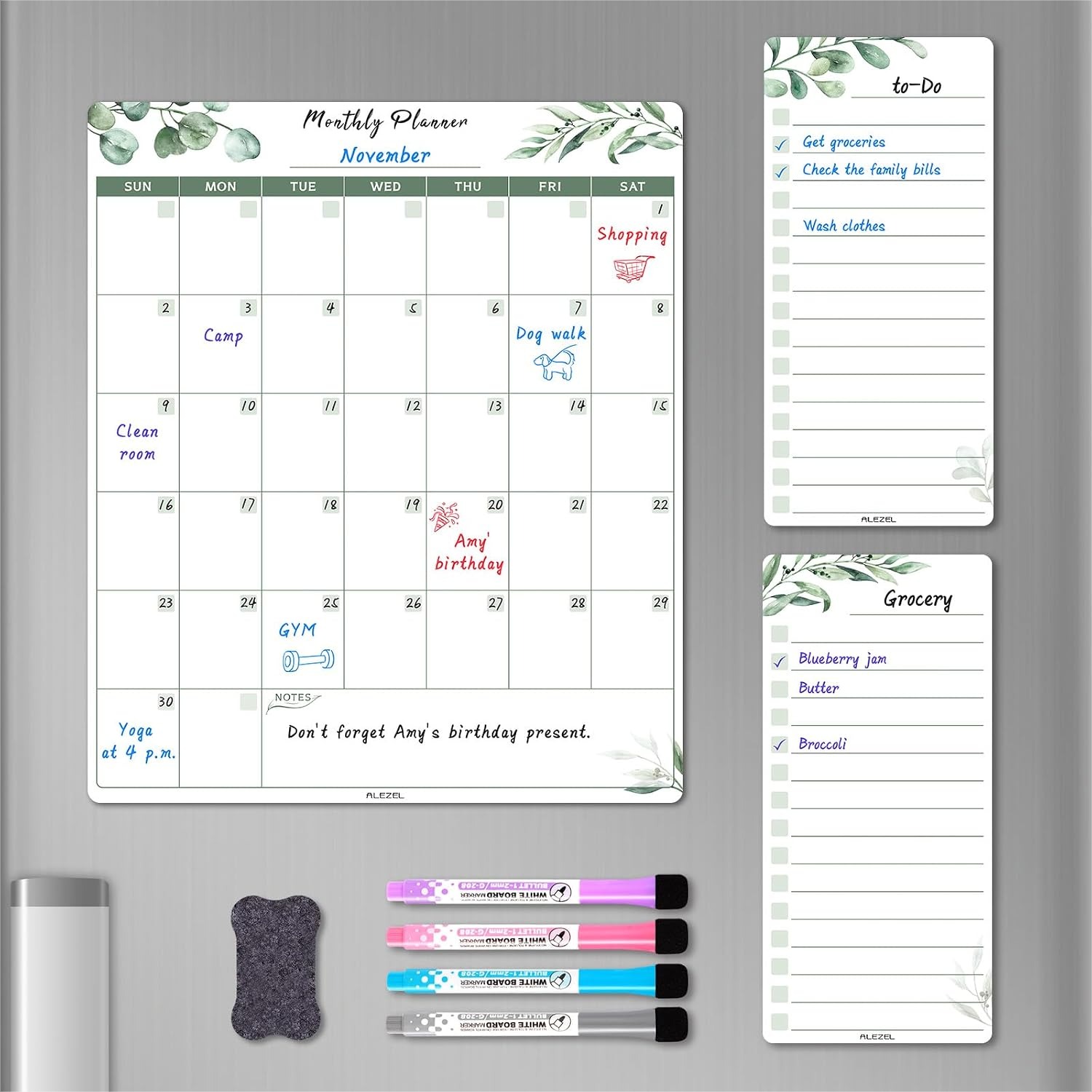 Whiteboard Marker Set - Dry Erase Calendar for Refrigerator, Greenery